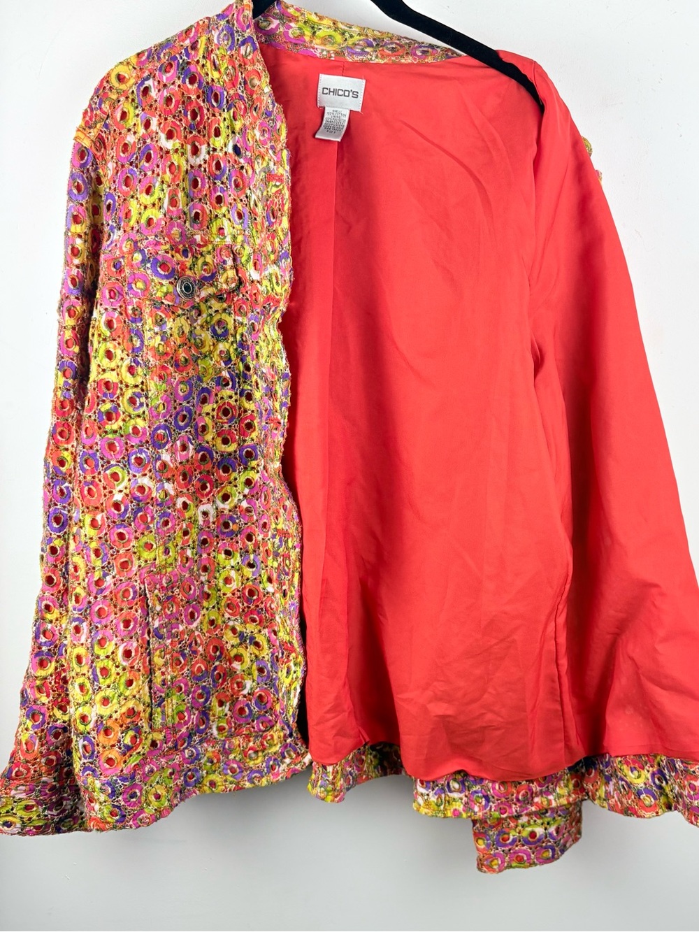 Chico’s Multicolor Eyelet Lace Shacket Jacket Lined Sz 3 XL Boho Hippie Cottage - Picture 4 of 9